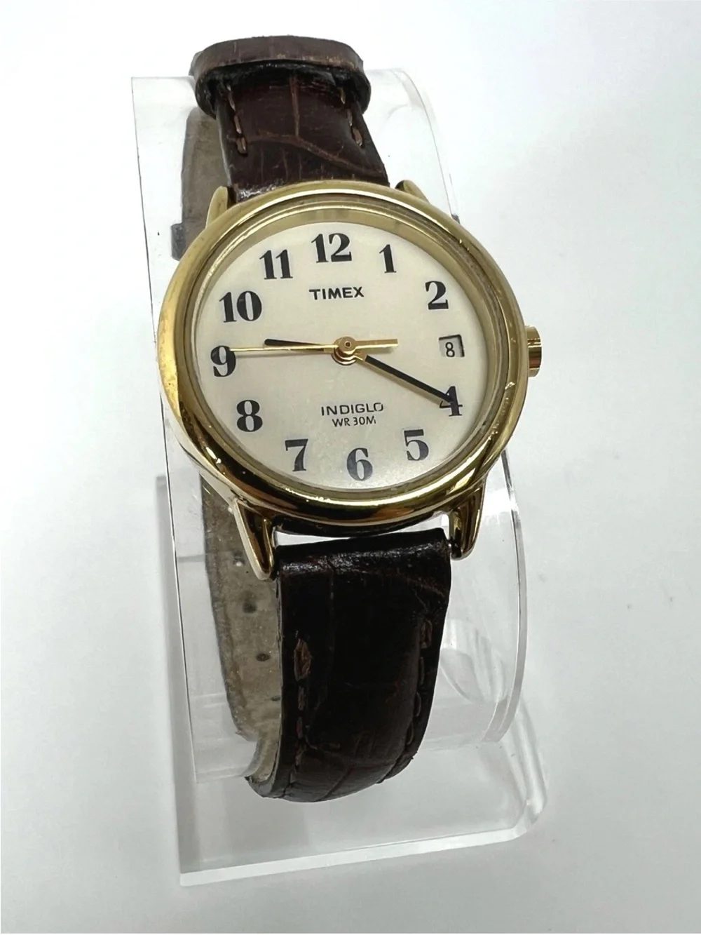 Timex Gold-Tone Round Watch with White Dial and Brown Leather Strap